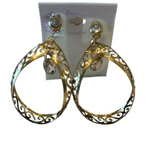 Precious Gold Filigree Clip On Hoop Earrings with Crystal Accents NEW